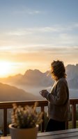 Woman holding warm beverage on mountain cabin deck at sunrise, enjoying peaceful morning view over misty valleys and peaks.