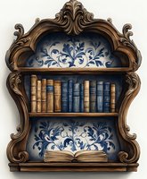 Ornate vintage wooden bookshelf with carved baroque details, displaying antique books against blue floral wallpaper pattern. Open book rests on bottom shelf.