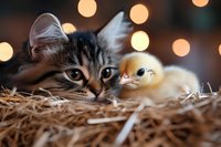 Curious tabby cat and yellow duckling lying together in hay nest with soft bokeh lights in background, creating heartwarming friendship moment.