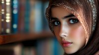 Young Middle Eastern woman wearing brown hijab with delicate sparkles, looking directly at camera with intense blue eyes against blurred bookshelf background.