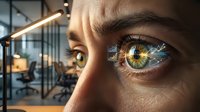 Close-up of male eye with digital data visualization overlay in modern office environment. Represents technology, artificial intelligence, data analysis, and business innovation concepts.