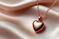 Rose gold heart pendant necklace on soft silk fabric background with gentle folds and shadows creating romantic luxury jewelry composition.