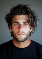 Young Mediterranean male model with tousled dark hair and light eyes wearing black t-shirt against gray background in dramatic studio lighting portrait.