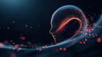 Glowing digital human head silhouette with flowing particles and light trails against dark background, representing artificial intelligence and consciousness.