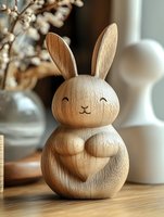 Adorable wooden bunny figurine with heart shape on chest sitting on table in cozy home interior for Easter decoration and spring seasonal display.