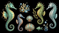 Colorful seahorses, seashells, coral, seaweed, fish, and bubbles clipart set isolated on transparent background, ready for t-shirt design, stickers, and print on demand.