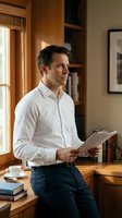 Professional middle-aged Caucasian businessman in white shirt reading documents in modern home office with wooden shelves and warm natural lighting.