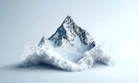 Majestic snow-covered mountain peak emerging through dynamic cloud formation against light background, creating dramatic atmosphere for adventure and nature concepts.