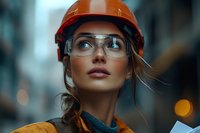 Young female construction worker wearing orange hard hat and safety glasses gazes upward with determined expression, dressed in workwear against blurred urban background.