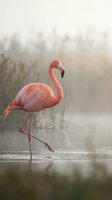 Pink flamingo wading through shallow water with water droplets dripping from its leg in misty wetland environment with blurred vegetation background.