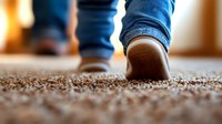 Person walking on beige carpet, close-up view of feet in socks. Shallow depth of field with soft focus on textured carpet fibers in warm lighting creates cozy atmosphere.