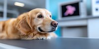 Golden retriever dog lying on examination table in modern veterinary clinic with medical monitor displaying scan results in background, waiting for checkup.