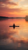 Silhouette of kayaker paddling on calm lake during golden sunset with dramatic orange sky clouds reflecting on water surface creating peaceful scene.