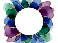 Watercolor flower frame with vibrant blue, green and purple petals surrounding white center circle for text or design elements on transparent background.