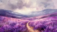 Dreamy purple landscape with winding path through lavender fields, rolling hills and misty mountains under dramatic cloudy sky. Watercolor style artwork.