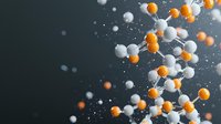 Abstract molecular structure with white and orange spheres connected by lines floating on dark background, dynamic scientific composition with depth of field effect.