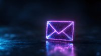 Glowing neon envelope icon on dark reflective surface with purple and blue light effects, modern digital communication concept for business designs.