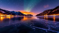 Frozen lake with cracked ice surface reflecting mountain silhouettes and colorful sunset sky with stars. Winter landscape for nature and outdoor themes.