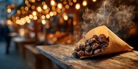 Steaming hot roasted chestnuts in paper cone on wooden counter at evening Christmas market with bokeh lights in background.