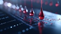 Red liquid drops falling on electronic circuit board in dark moody lighting with bokeh effect, creating dramatic technological composition for science and innovation concepts.