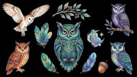 Colorful owl clipart set with decorative feathers, acorn, and moon, isolated on transparent background. Great for stickers, t-shirt design, and print on demand.