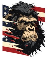 Fierce gorilla head against distressed American flag background, aggressive expression with red eyes and detailed fur texture, patriotic wildlife illustration.