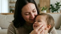 Young Caucasian mother in beige sweater tenderly embracing smiling toddler son at home. Warm family bonding moment in cozy living room interior.