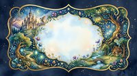 Enchanted fairy tale frame with castle, magical forest, glowing fireflies, and flowers surrounding a blank center for custom text or design.