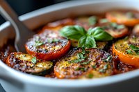 Grilled tomato halves with fresh basil and herbs in white ceramic dish, close up view showing caramelized edges and seasoned surface in natural lighting.