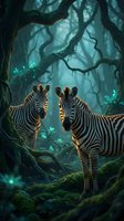Two zebras standing in mystical enchanted forest with glowing lights and twisted tree branches creating magical wildlife scene for fantasy nature designs.