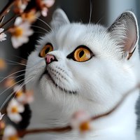 White cat with bright amber eyes gazing upward at cherry blossoms, close-up portrait showing detailed fur texture and whiskers against soft bokeh background.