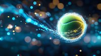 Glowing green sphere with energy trails and light effects on dark blue background with bokeh lights for futuristic technology designs.