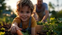 Young boy in denim overalls and yellow t-shirt smiling while gardening with parent in background during golden hour sunset, exploring nature in backyard garden.