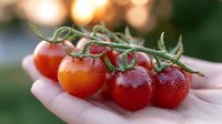 Fresh ripe cherry tomatoes on vine with water droplets held in hand against blurred natural background, bright red organic produce with green stem.