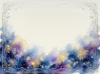 Ornate vintage frame with watercolor fireworks and stars in purple, blue, and gold tones on cream background, isolated and ready for invitations, cards, and design projects.