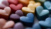 Colorful heart shaped bath bombs or soap in pastel colors arranged in rows creating soft romantic composition with selective focus and blurred background.