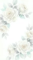 Soft watercolor white roses and sage green leaves arranged in an elegant wreath frame with copy space for wedding or invitation design.