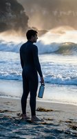 Male surfer in wetsuit standing on beach holding surfboard, gazing at ocean waves during golden hour. Water sports and coastal lifestyle concept.