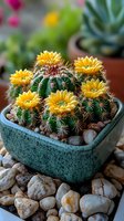 Blooming barrel cactus with vibrant yellow flowers in turquoise ceramic pot, surrounded by decorative stones. Natural garden setting with soft background blur.