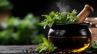 Fresh herbs and wooden pestle in black mortar with steam rising, aromatic spices and green leaves on dark background with copy space for wellness.