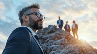 Caucasian businessman with beard and glasses looking up at mountain peak where team stands silhouetted against dramatic sunset sky, representing leadership vision.