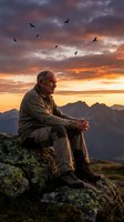 Senior Caucasian man sitting on mountain rock at sunset with flying birds overhead, contemplating nature in peaceful solitude during golden hour.