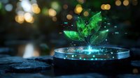 Glowing green holographic plant emerging from digital platform with sparkles and binary code elements against blurred bokeh background. Futuristic nature concept.