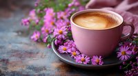 Pink cup of fresh cappuccino with milk foam on gray saucer surrounded by purple cosmos flowers on rustic wooden background with copy space.