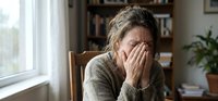 Distressed middle-aged Caucasian woman covering face with hands, crying alone at home, expressing grief, anxiety, or emotional breakdown.