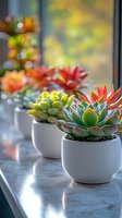 Colorful succulent plants in white ceramic pots on marble windowsill with soft natural light and bokeh effect creating dreamy atmosphere for home decor and gardening concept.
