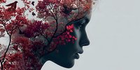 Woman silhouette profile with red autumn tree branches and leaves creating artistic double exposure effect on light background for creative design.