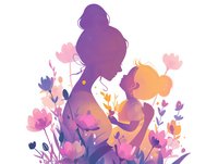 Silhouette of loving mother holding baby surrounded by spring flowers in purple and pink gradient colors, tender motherhood moment among blooming tulips.