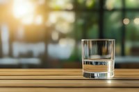 Glass of pure water on wooden table against blurred window background with morning sunlight and bokeh effect, minimalist composition.