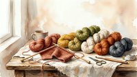 Assorted yarn balls and skeins in warm earth tones arranged on wooden surface with knitting needles and partially completed knit fabric for crafting projects.
